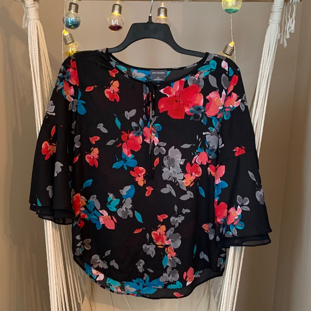 Van Heusen Black Blouse with Red and Blue sheer Floral Design.Medium
